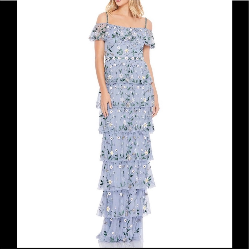Mac Duggal
Off-the-Shoulder Cap Sleeve Beaded Floral Embellished Tiered Ruffle